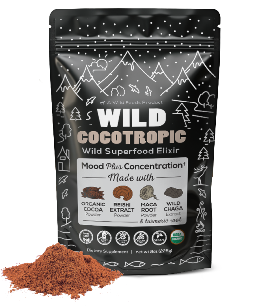 'Wild Cocotropic Superfood Elixir packaging with organic cocoa, reishi, maca, and chaga ingredients depicted.'