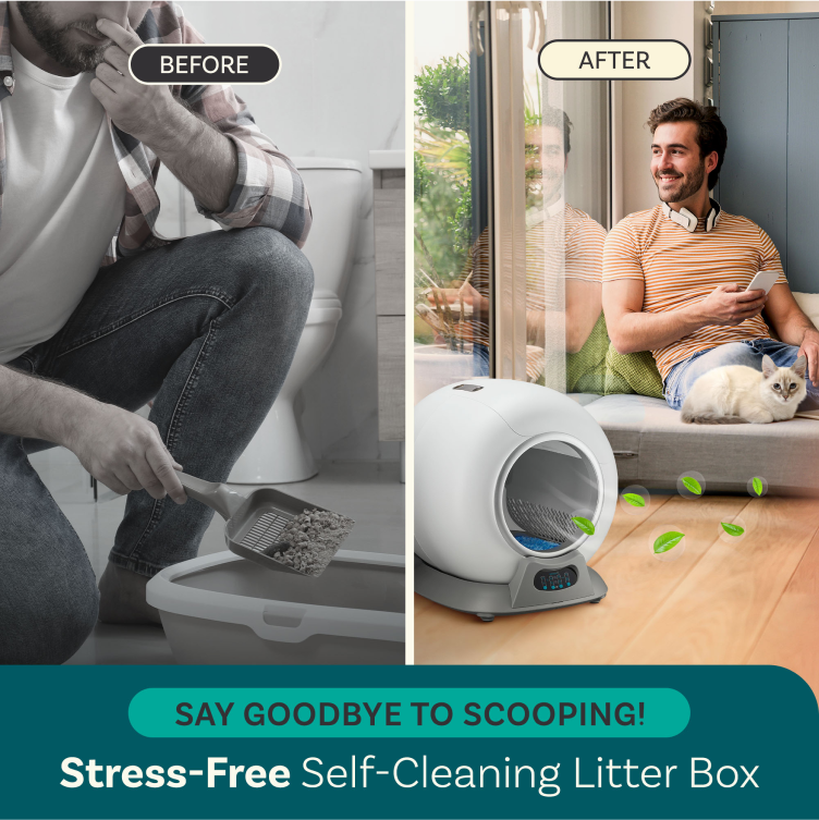 'Before and after using a self-cleaning cat litter box with happy owner and relaxed cat.'