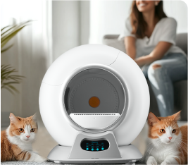 A futuristic litter box surrounded by two cats, with a woman in the background.