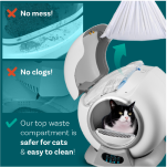 Automatic litter box demonstration with a cat inside, highlighting no mess and no clogs.