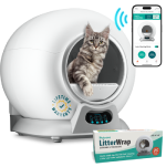 Automatic cat litter box with app connectivity, featuring a gray tabby cat inside.