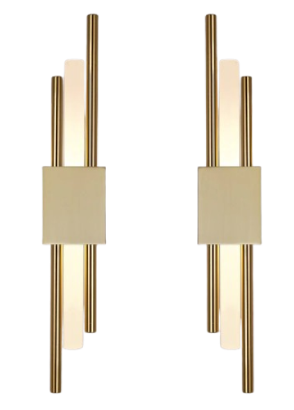 Modern gold wall sconces with vertical light tubes.