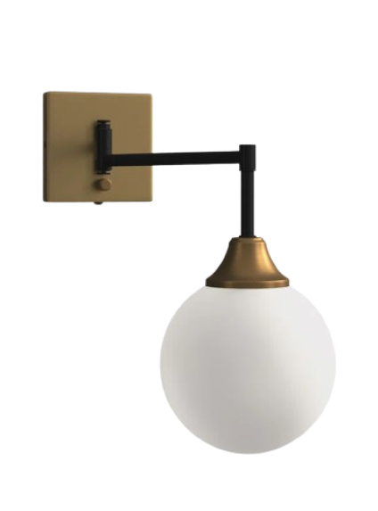 Modern wall light fixture with a brass finish and white globe shade.