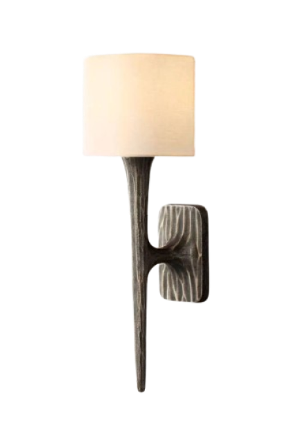 Wall-mounted sconce with a wooden texture and a white cylindrical lampshade.