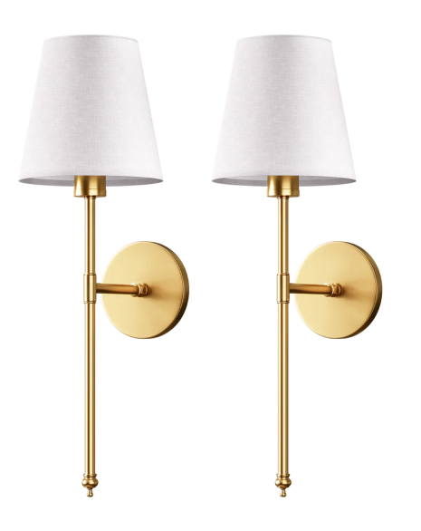 Pair of elegant gold wall sconces with white lampshades.