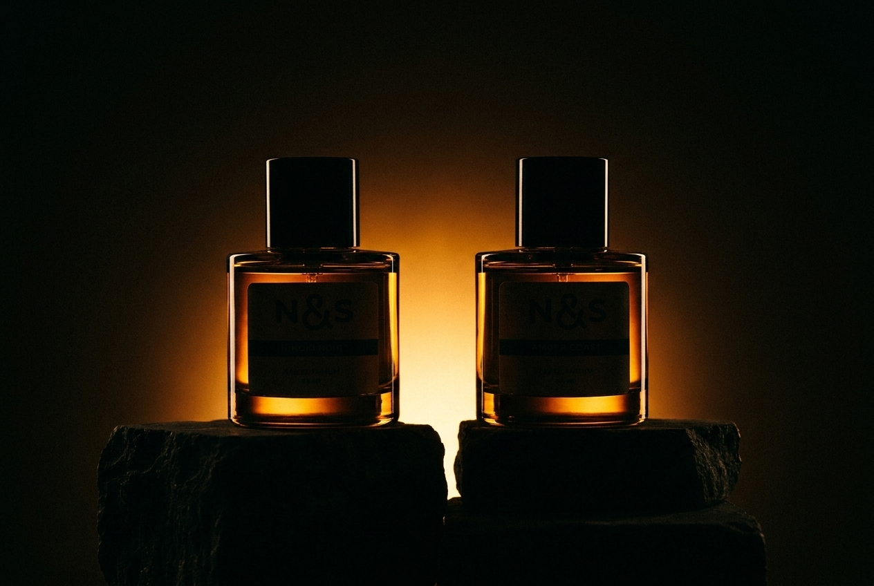 Two identical perfume bottles on stone blocks, backlit by a warm, golden light.