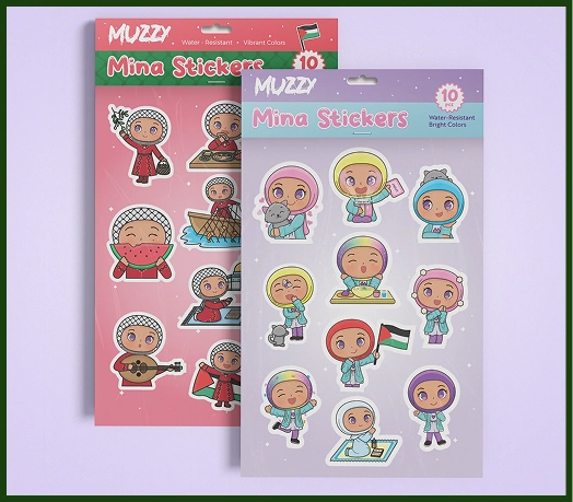 Two sheets of cartoon character stickers with various colorful designs.