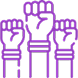 Three purple outlined raised fists in a solidarity gesture.