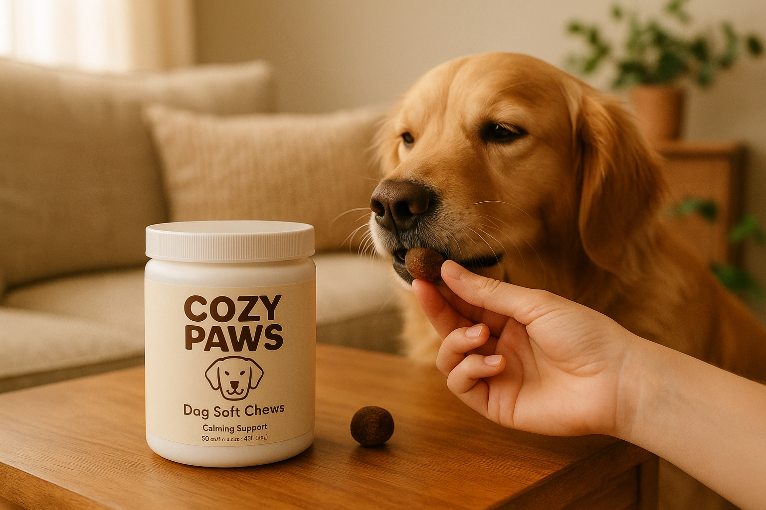 Golden retriever being offered a soft chew treat next to a jar labeled 'Cozy Paws.'