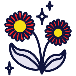 Illustration of two red flowers with yellow centers and green leaves.