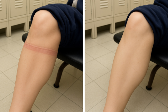 Before and after: a red band mark across the calf from another brand's sock next to a calf with no mark after wearing Comrad