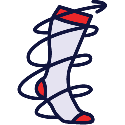 Illustration of a white sock with red accents and swirling lines around it.