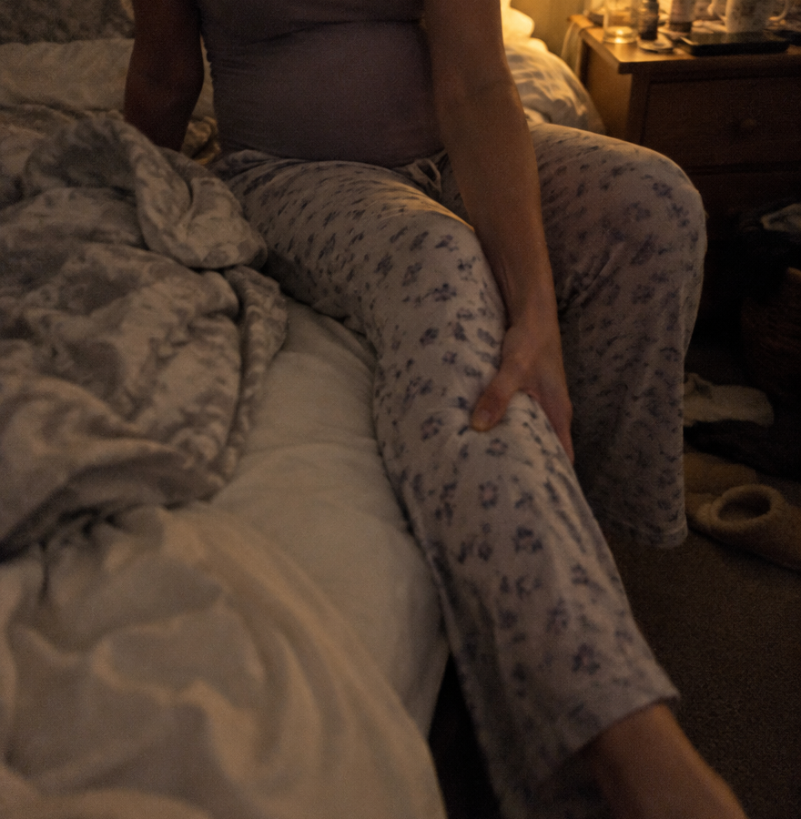 Restless pregnant woman with cramping calf at night