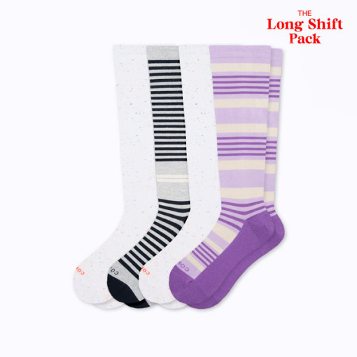 The Long Shift Pack: 4 knee-high compression socks in white, black stripe and lavender stripe