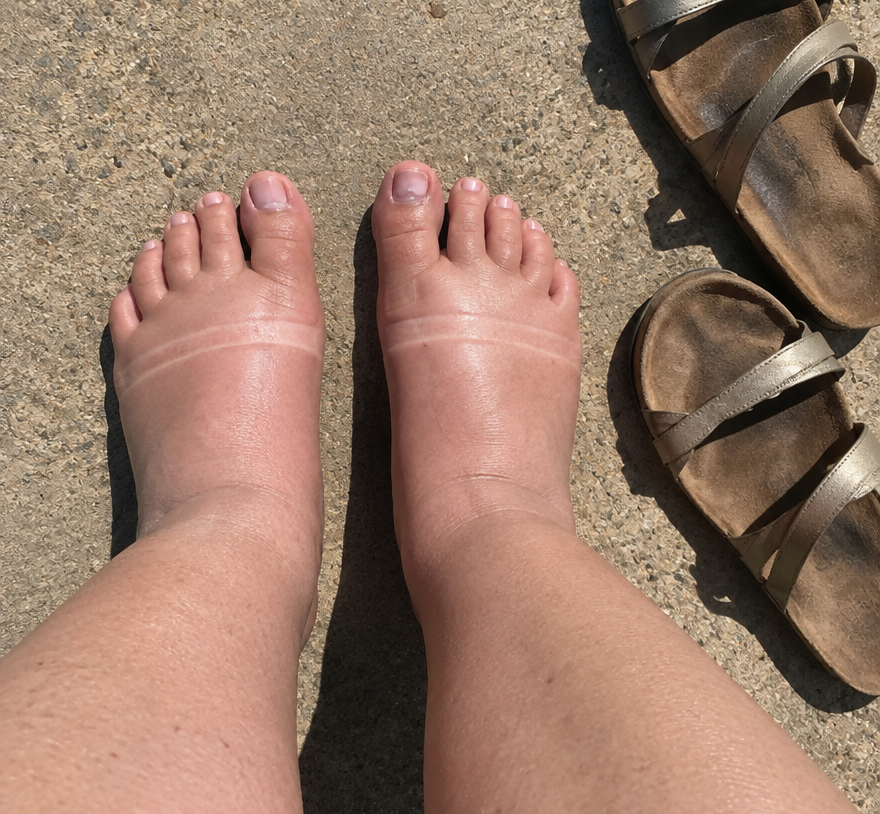 Pregnant women's swollen feet from travel and heat