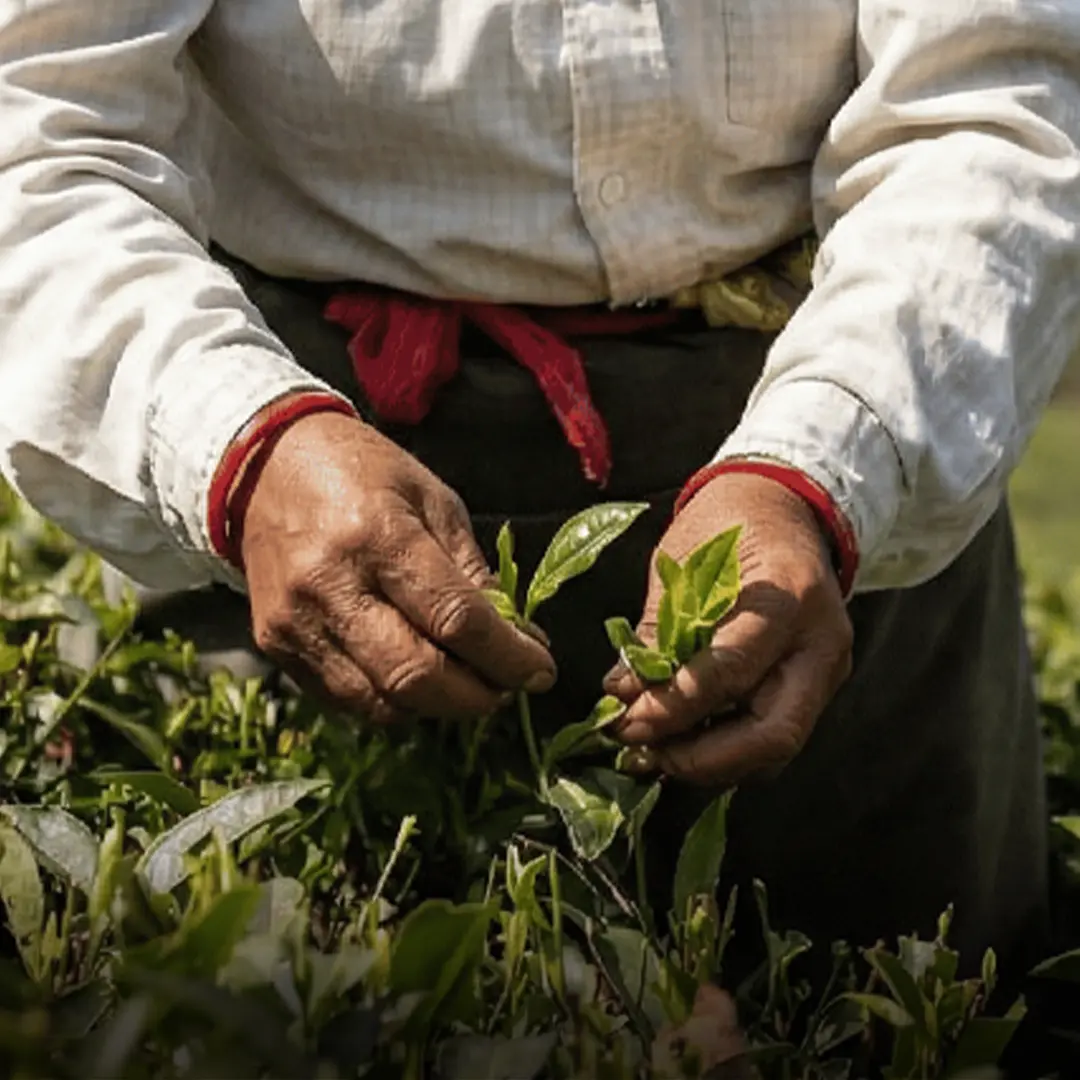 A close-up of a person's hands picking fresh green leaves from a tea bush.