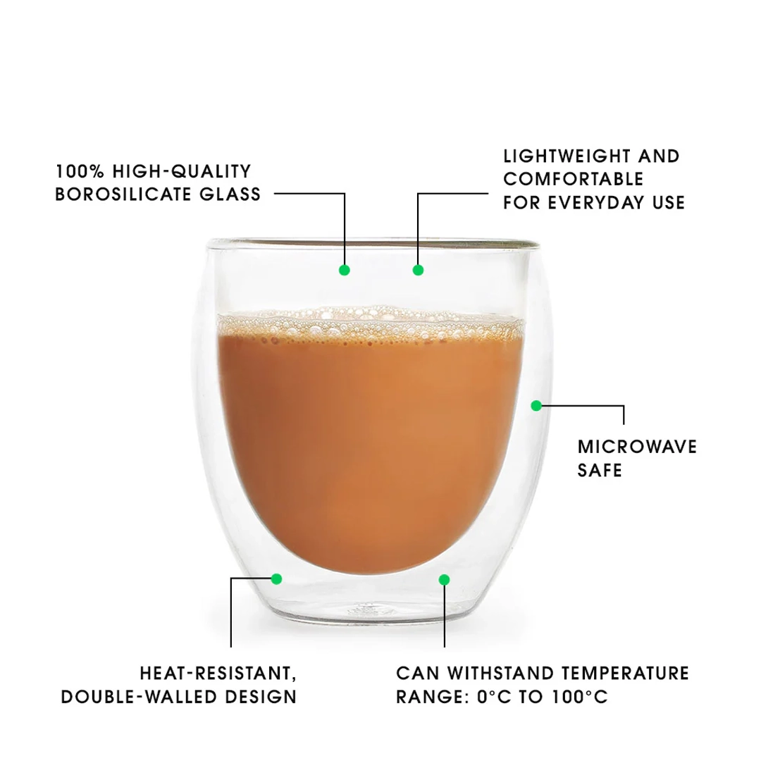 Double-walled glass cup with brown liquid, highlighting features like high-quality borosilicate, microwave safe, and heat resistance.