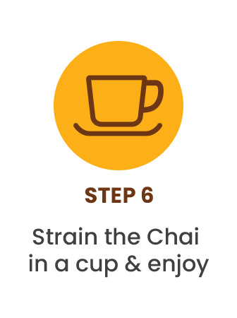 An icon of a teacup with the text: STEP 6 Strain the Chai in a cup & enjoy.