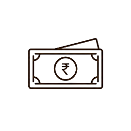 An outline icon of two banknotes with the Indian Rupee symbol on the front one.