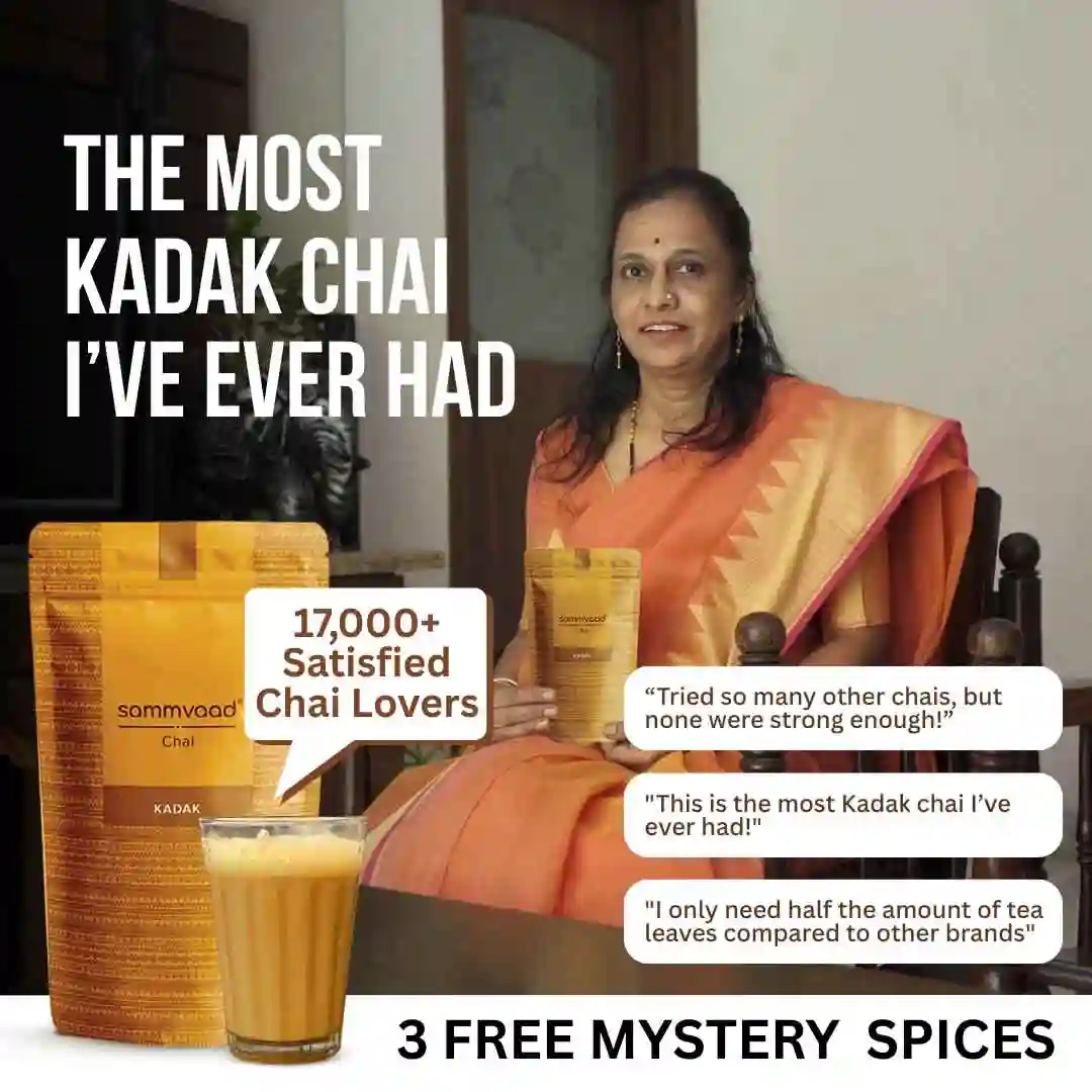 Woman in orange saree with chai packets and text about strong tea.