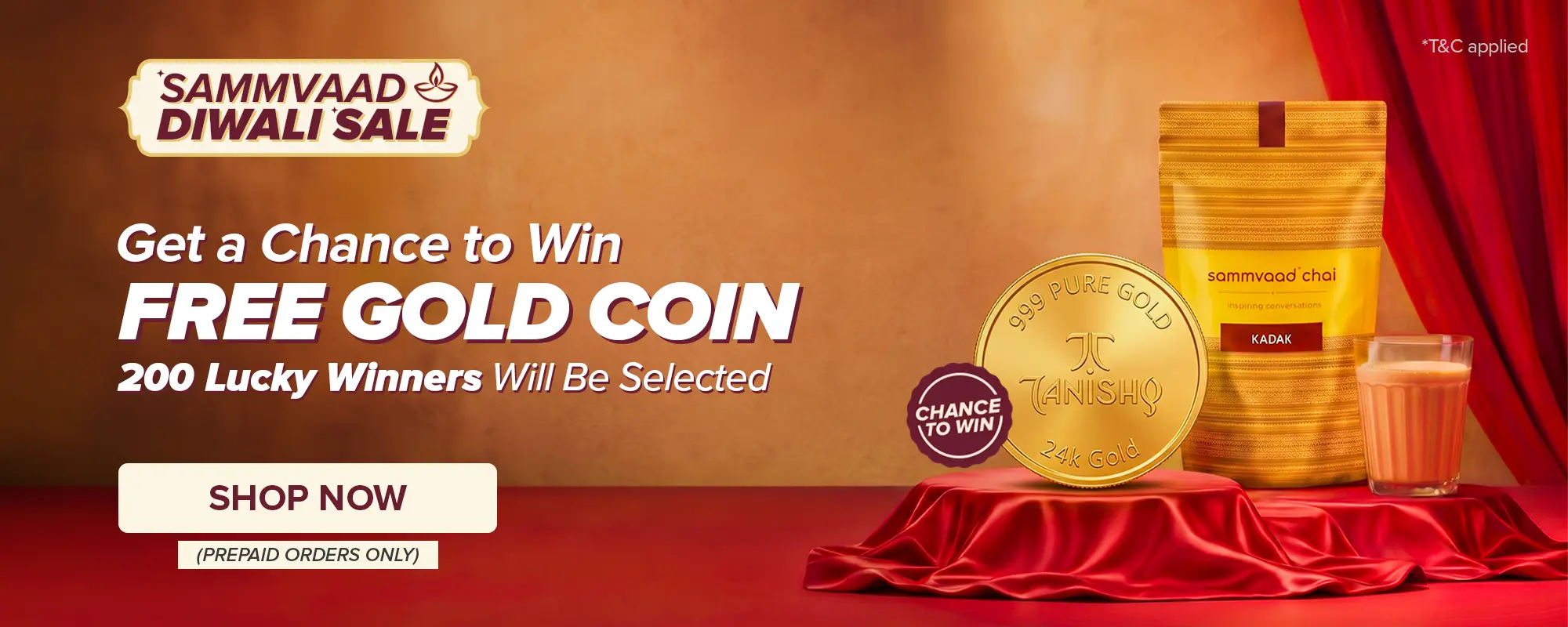An advertisement for a Diwali sale featuring a gold coin, a bag of chai, and a glass of tea.