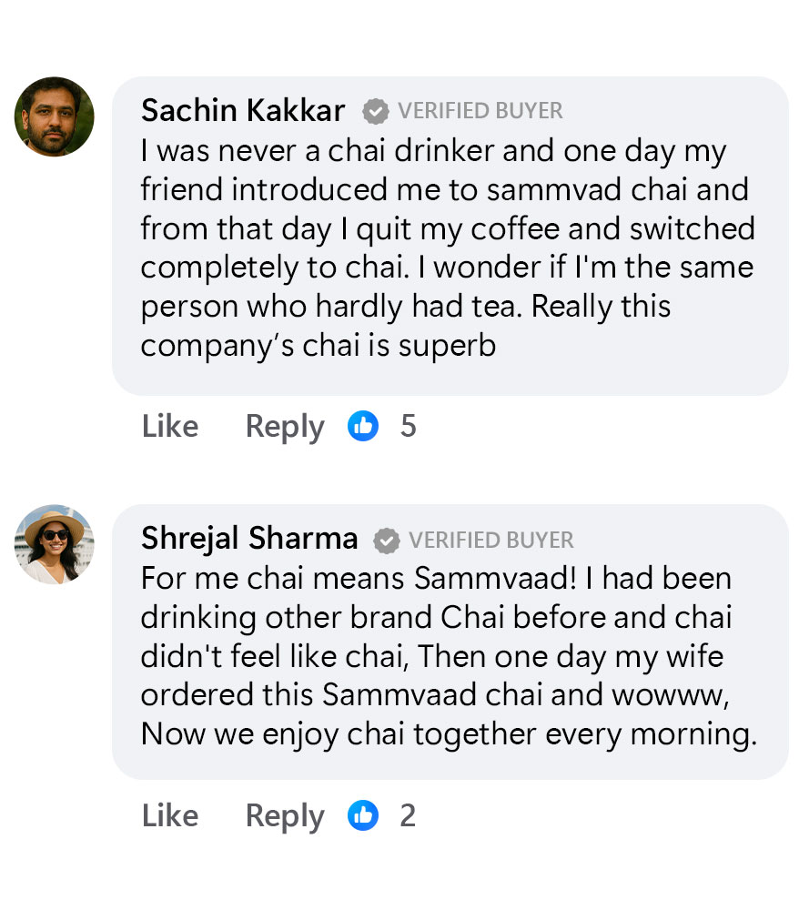 Two customer reviews praising Sammvaad chai with profile pictures and like counts.