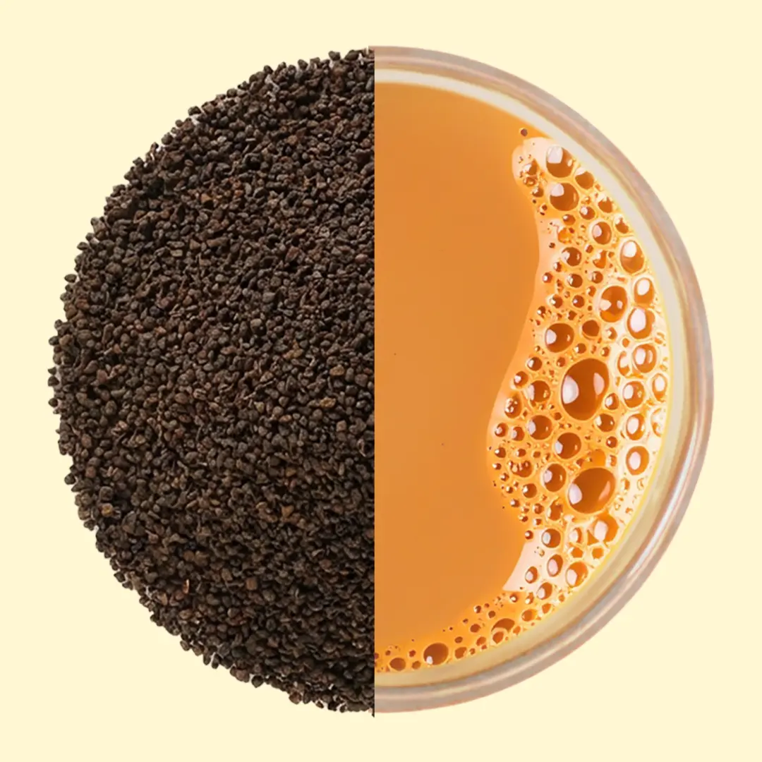 A split circle image showing granulated tea leaves on one half and a cup of brewed tea on the other.