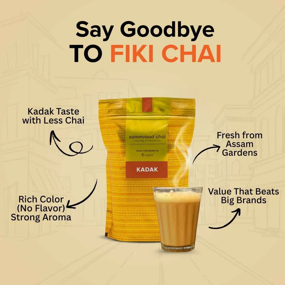 Yellow tea package and glass of chai with promotional text.