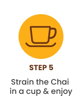 An icon of a cup and saucer with the text 'STEP 5 Strain the Chai in a cup & enjoy.'
