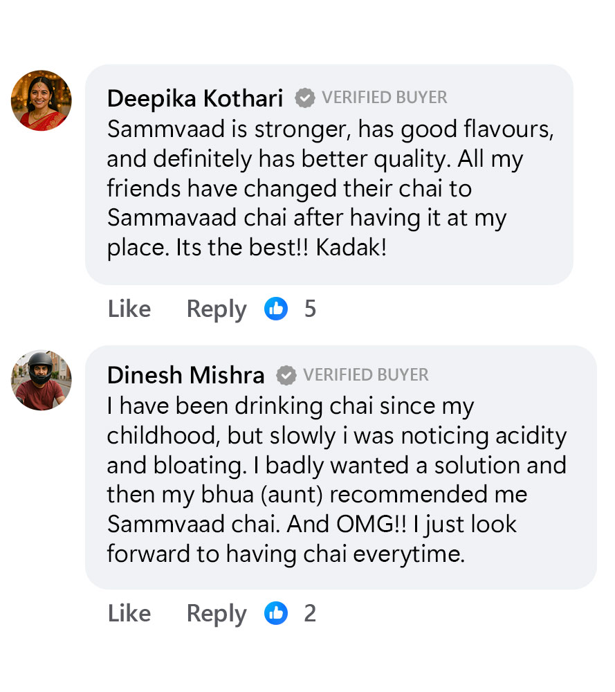 Two customer reviews praising Sammvaad chai, with profile pictures and like counts.