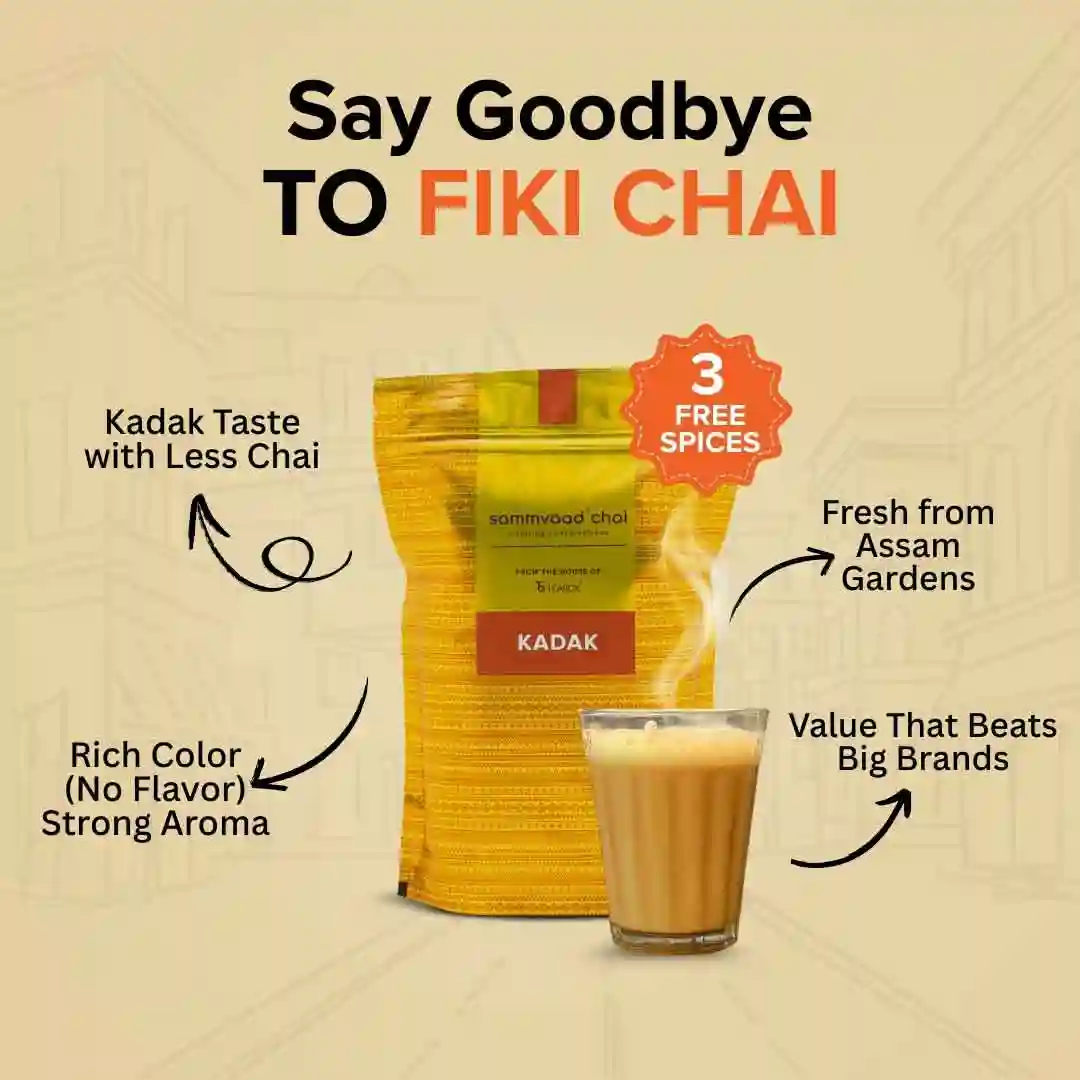 Promotional image of Kadak chai with text highlighting features and benefits.