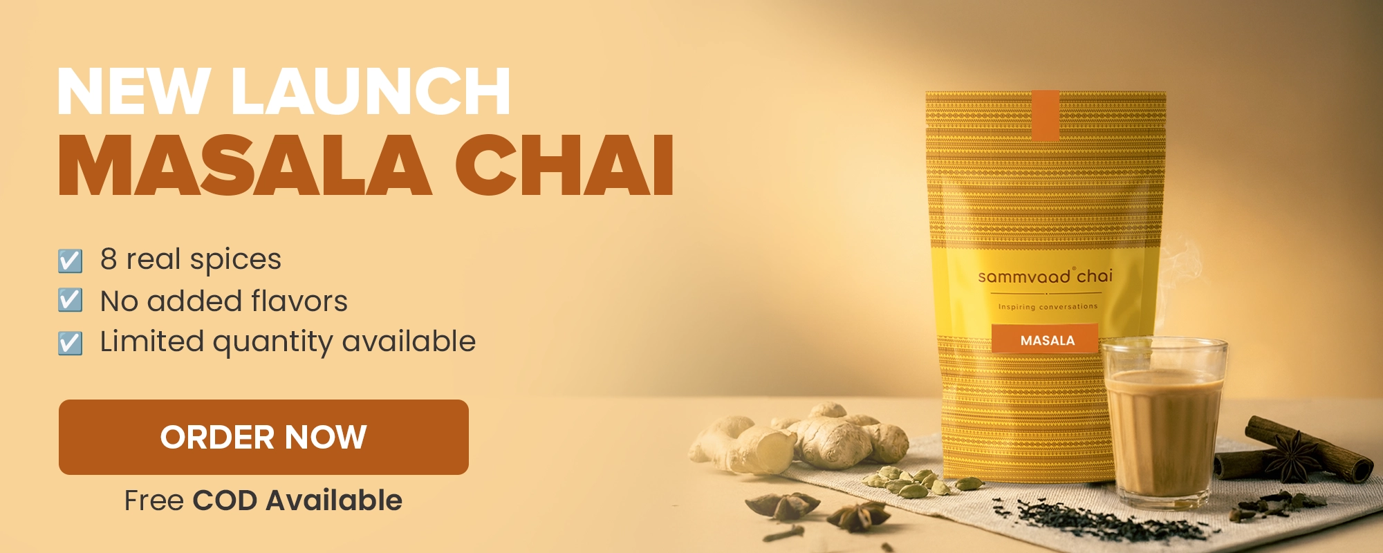 An advertisement for Masala Chai showing the product pouch, a glass of tea, and various spices.