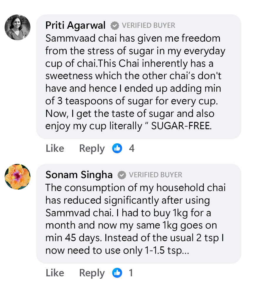 Two customer reviews praising Sammvaad chai for its sweetness and reduced sugar usage.