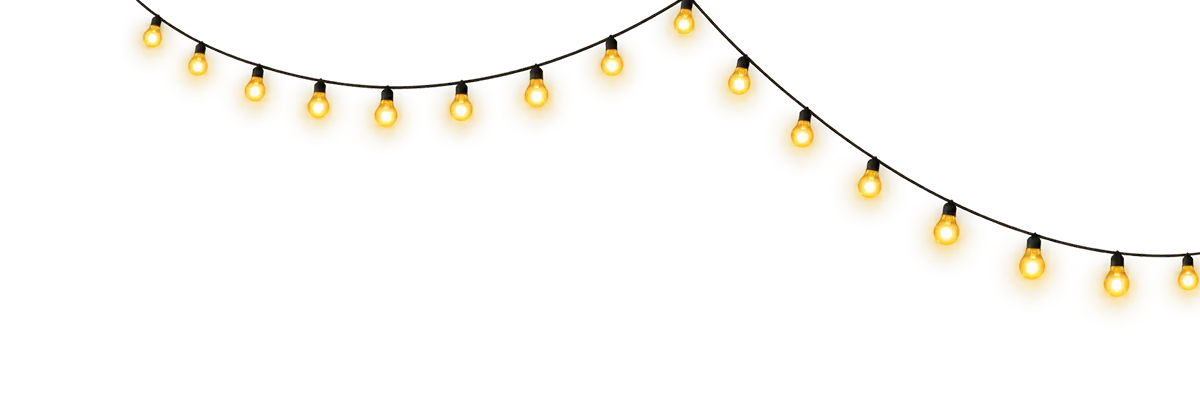 An illustration of glowing yellow string lights draped in a gentle curve on a white background.