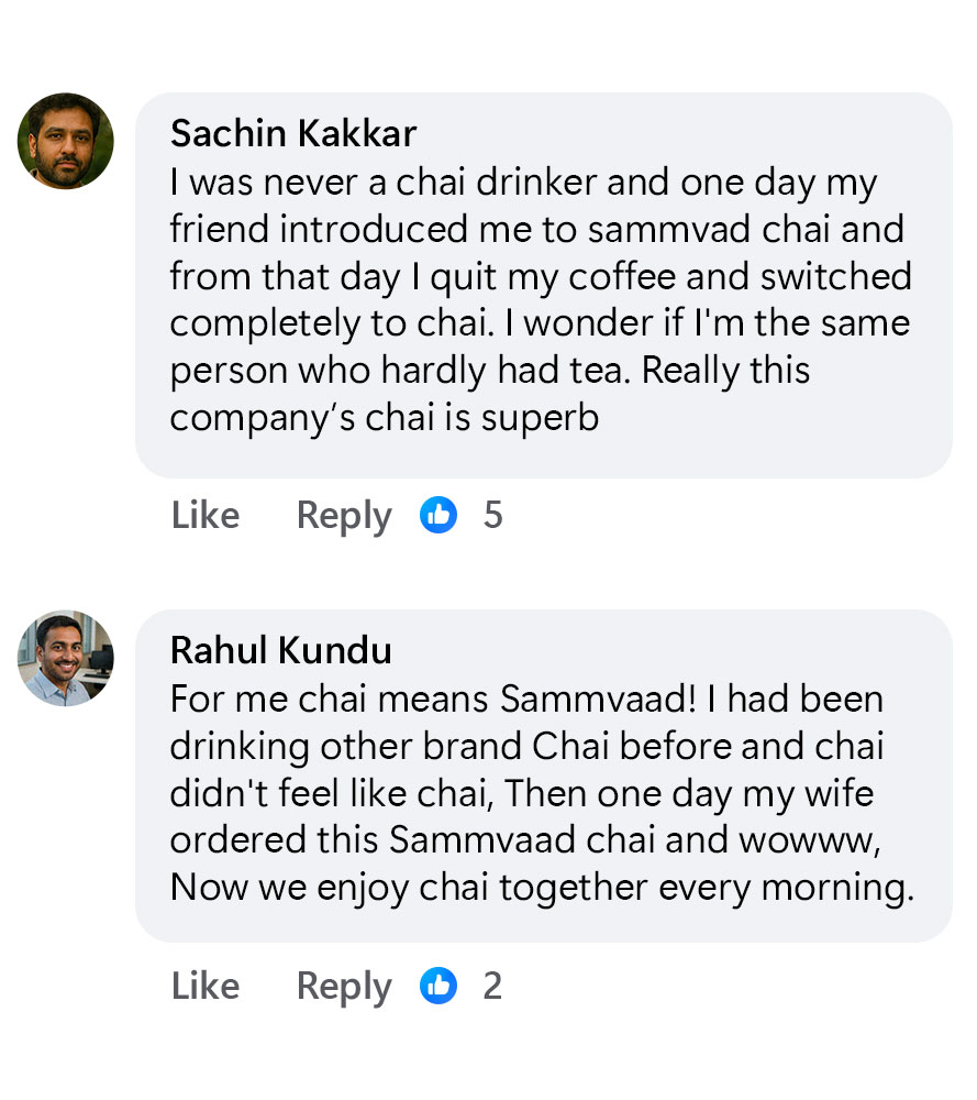 Two Facebook comments praising Sammvaad chai with user profile pictures.