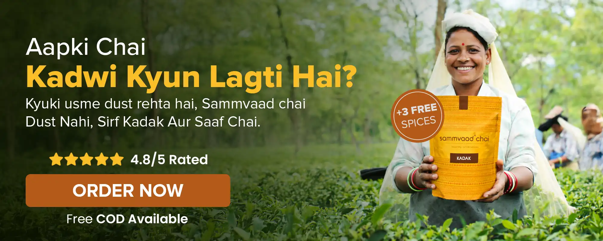 An advertisement for Sammvaad Chai featuring a smiling woman holding the product in a tea field.