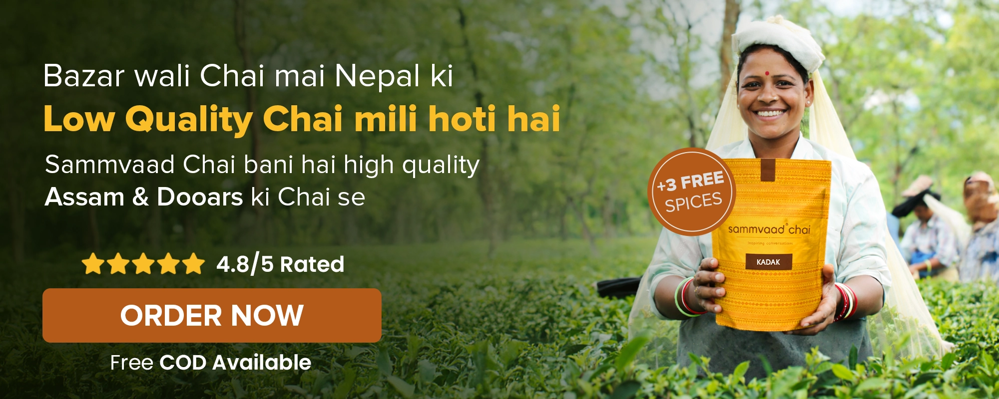 A promotional image for Sammvaad Chai showing a woman in a tea field holding the product.