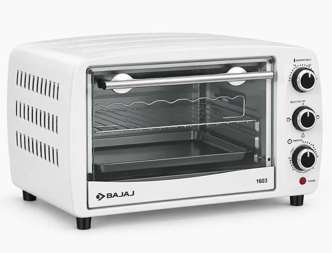A white Bajaj 1603 model toaster oven with three control knobs, viewed from a three-quarter angle.