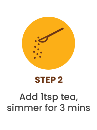 An icon of a spoon pouring tea, with text 'STEP 2 Add 1tsp tea, simmer for 3 mins'.
