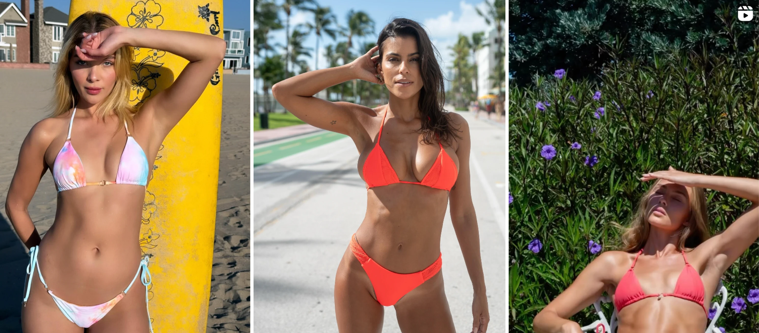 Three women in bikinis posing outdoors in different settings.