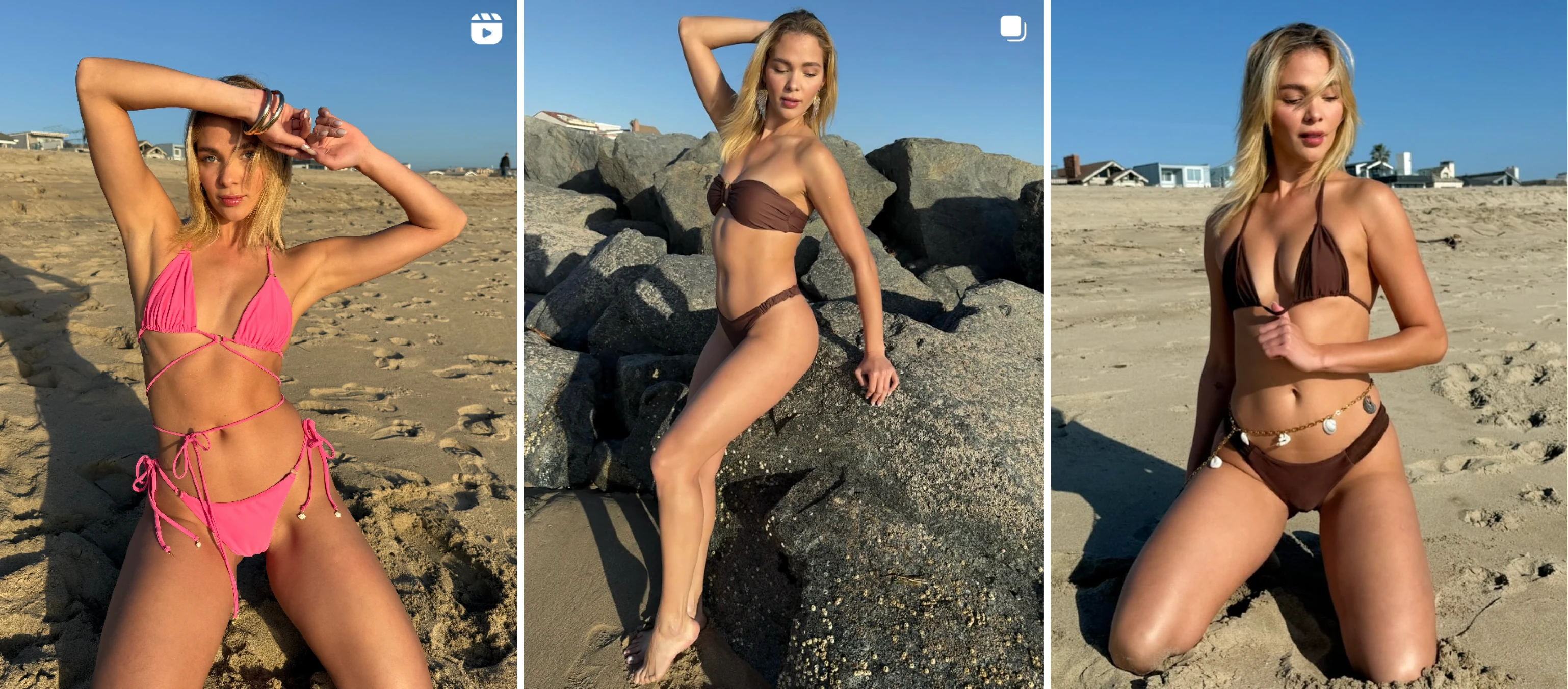 Three images of a person posing on a beach in different swimsuits.