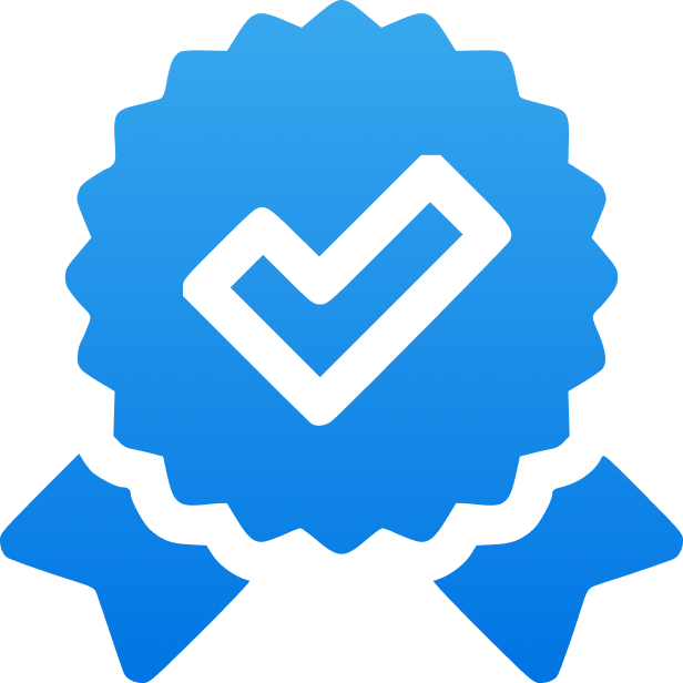 Blue badge with a checkmark symbol in the center.
