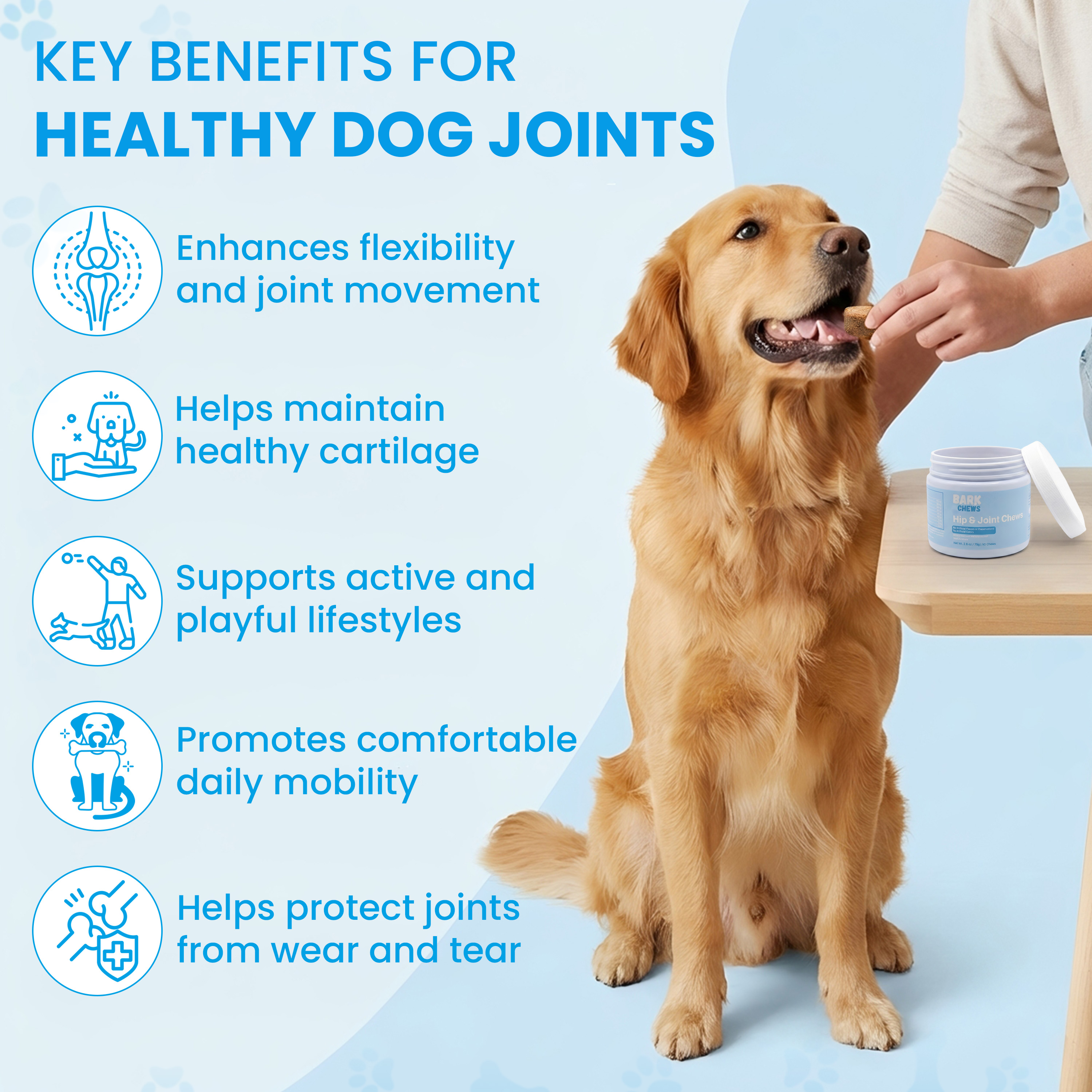 A golden retriever gets a treat next to a list of key benefits for healthy dog joints.
