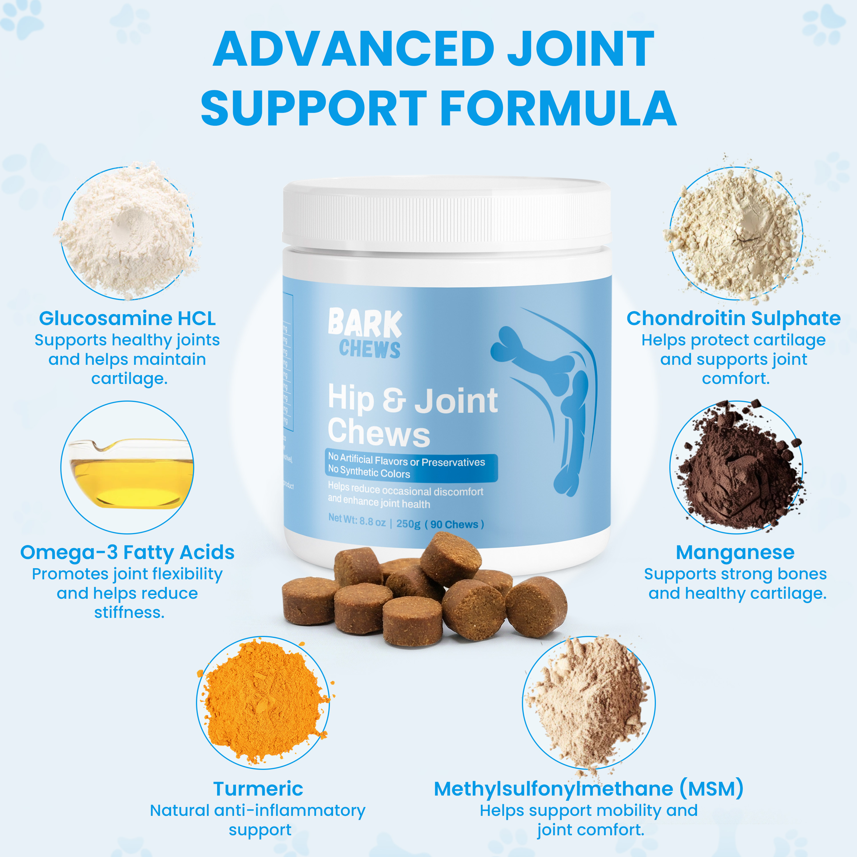 An advertisement for Bark Chews Hip & Joint Chews showing the product bottle and its various powder ingredients.