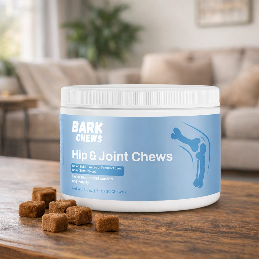 A white jar of Bark Chews Hip & Joint Chews with several treats on a wooden table.