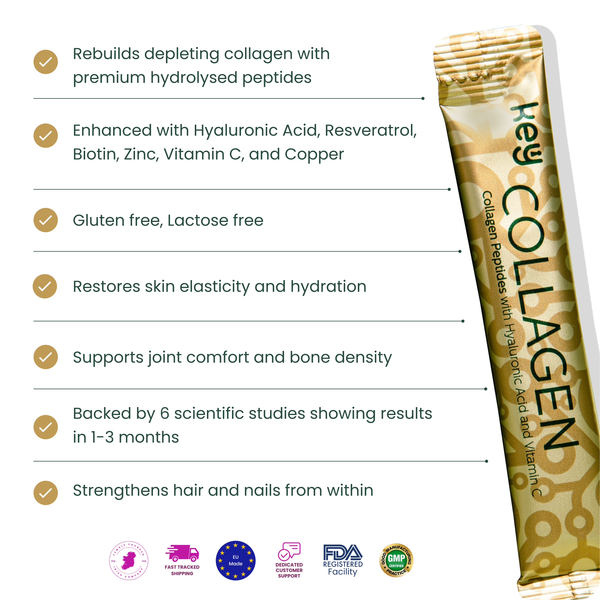 A sachet of Key Collagen supplement is shown next to a checklist of its benefits and various certification logos.