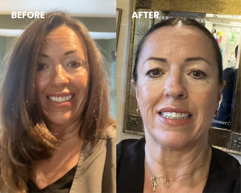 A before and after photo showing a woman's hairstyle change from voluminous to sleek and pulled back.