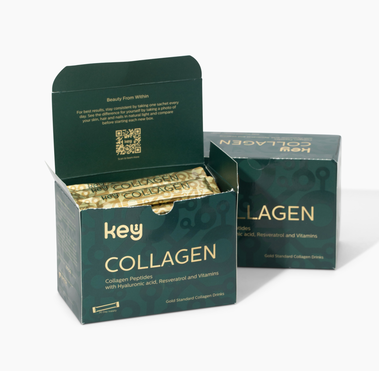 Two boxes of collagen peptide sachets, one open showing contents.