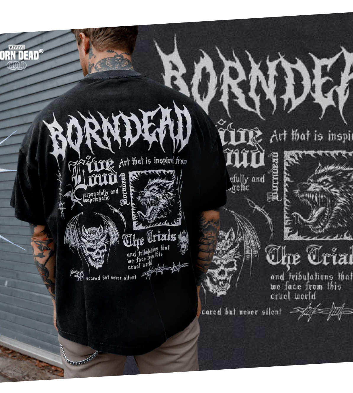 Person wearing a black shirt with gothic text and graphic designs on the back.