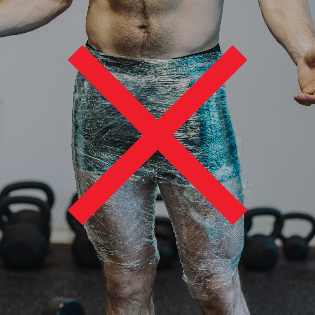 A man's legs and waist are wrapped in plastic wrap with a large red 'X' over it.
